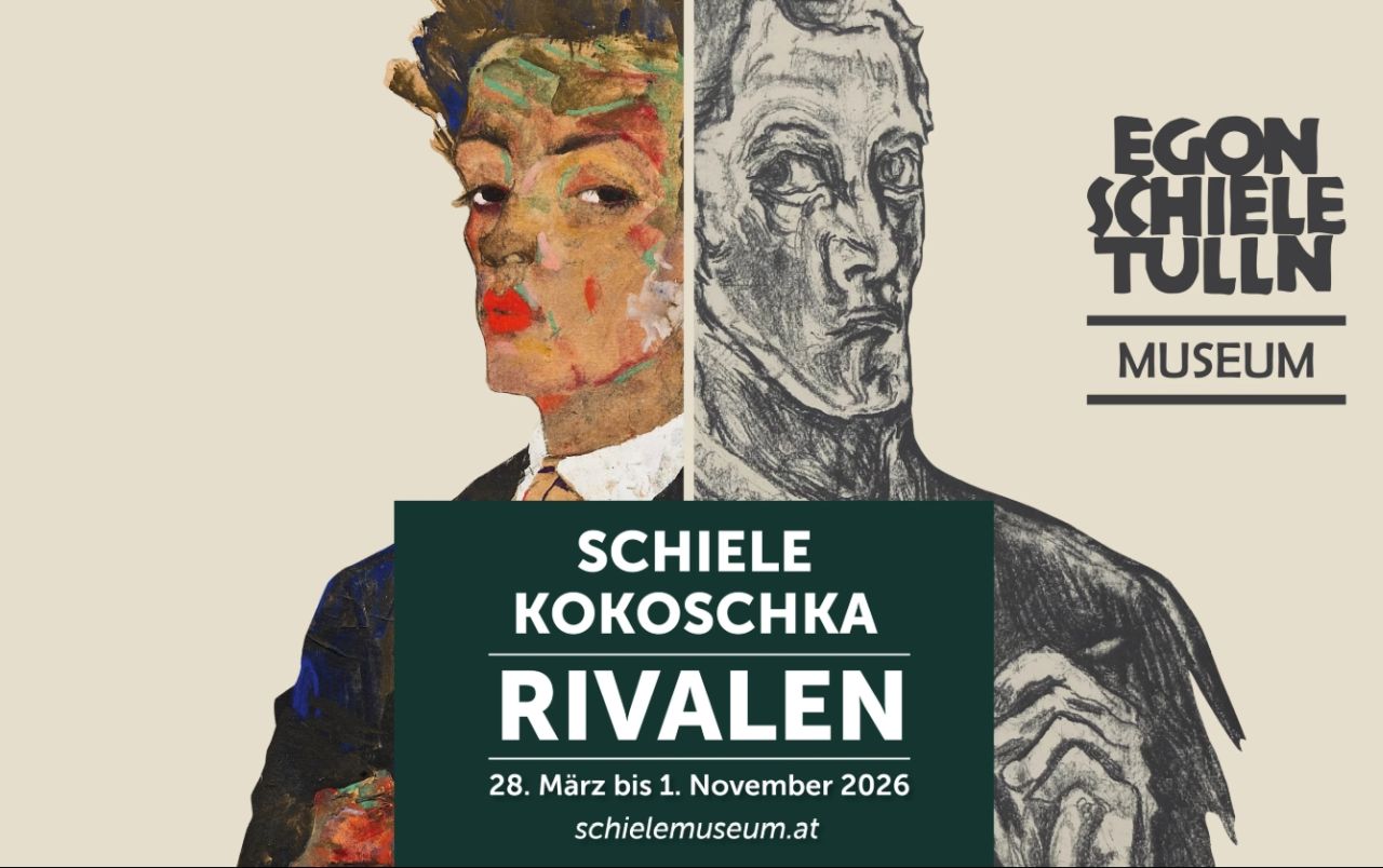 Oskar Kokoschka, Die Bachkantate - Selbstbildnis (Brustbild mit Zeichenstift), 1914, Ausschnitt; Egon Schiele, Selbstporträt mit Pfauenweste, Sammlung Ernst Ploil, Wien, Ausschnitt